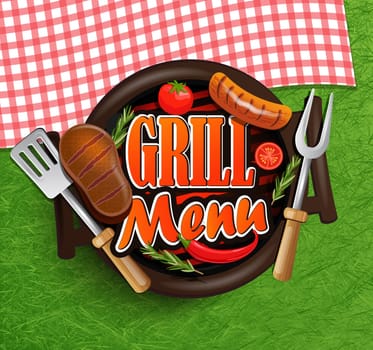 BBQ Grill menu - Typographical Design Label or Sticer on the background of green grass and rustic tablecloths in red and white squares.