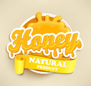 Honey label splash. Blot and lettering on white background. Splash and blot design, shape creative.