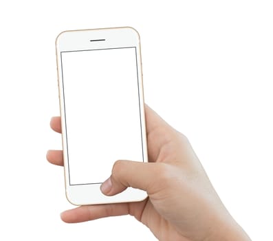 closeup hand use phone gold color isolated on white background, mock up phone white screen for add app screen