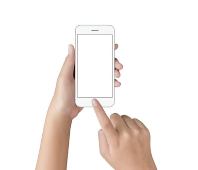 hand touching on white phone screen isolated with clipping path on white background, blank screen on mock up phone for adjustment your app screen