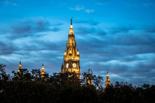 Vienna City Hall,sight and landmarks of the capital of Austria illuminated in the evening