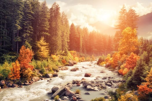Beautiful colorful autumn landscape with a stream and forest in toned colors,vintage style with warm flare