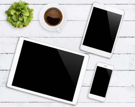 communicator device phone and tablet white color tone on wood table, mockup modern phone and digital tablet