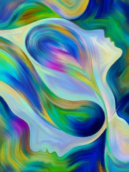 Inner Dialog series. Composition of human profiles and vivid paint shapes on the subject of emotions, relationships, human drama, spirituality and design