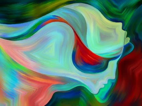Inner Dialog series. Arrangement of human profiles and vivid paint shapes on the subject of emotions, relationships, human drama, spirituality and design
