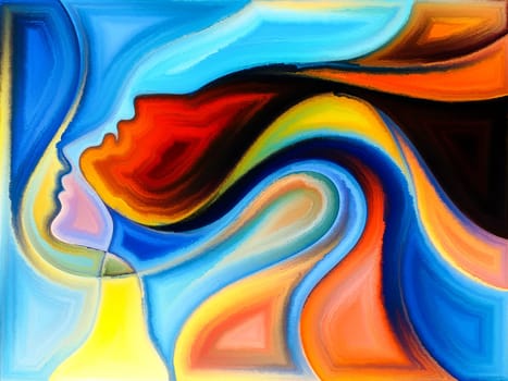 Inner Dialog series. Abstract design made of human profiles and vivid paint shapes on the subject of emotions, relationships, human drama, spirituality and design