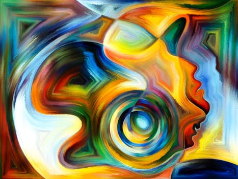 Inner Dialog series. Visually attractive backdrop made of human profiles and vivid paint shapes suitable in layouts on emotions, relationships, human drama, spirituality and design