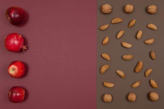Organic autumn fruits and nuts isolated on split background with copy space