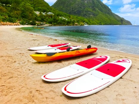 The colorful kayaks on the tropical beach in Saint Lucia, Caribbean Islands