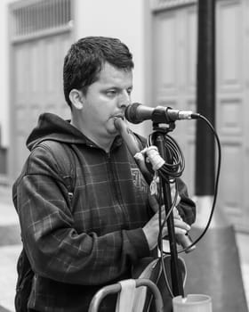 Blind Young Man Playing a Flute on the Street of Lima, Peru.