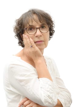 a portrait of mature smiling brunette woman