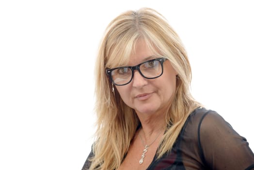 a portrait of mature smiling blond woman