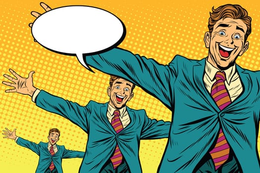 Meeting other happy people, pop art retro vector illustration. Businessman widely placed arms for a hug