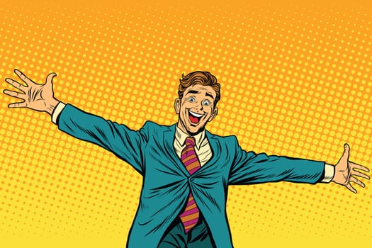 Meeting other happy people, pop art retro vector illustration. Businessman widely placed arms for a hug
