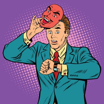 Businessman looking at his watch, time concept, pop art retro vector illustration. Mask the face of the devil