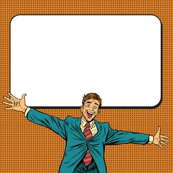 Happy businessman welcomes on white background, pop art retro vector illustration