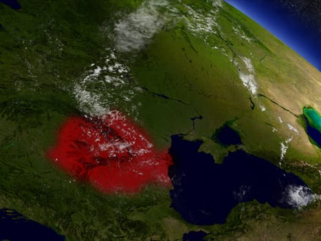 Romania highlighted in red as seen from Earth's orbit in space. 3D illustration with highly detailed planet surface. Elements of this image furnished by NASA.