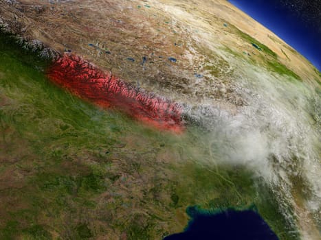 Nepal highlighted in red as seen from Earth's orbit in space. 3D illustration with highly detailed planet surface. Elements of this image furnished by NASA.