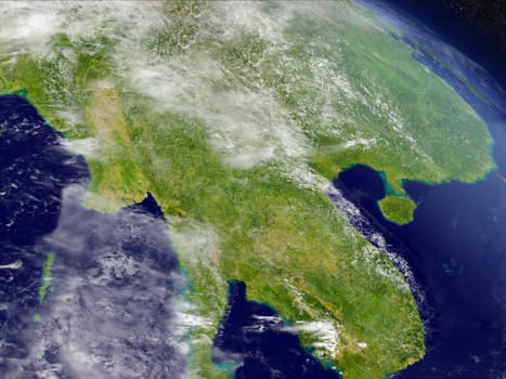 Myanmar with surrounding region as seen from Earth's orbit in space. 3D illustration with highly detailed planet surface and clouds in the atmosphere. Elements of this image furnished by NASA.