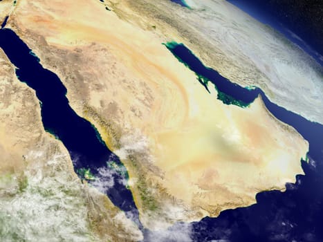 Arab peninsula with surrounding region as seen from Earth's orbit in space. 3D illustration with highly detailed planet surface and clouds in the atmosphere. Elements of this image furnished by NASA.
