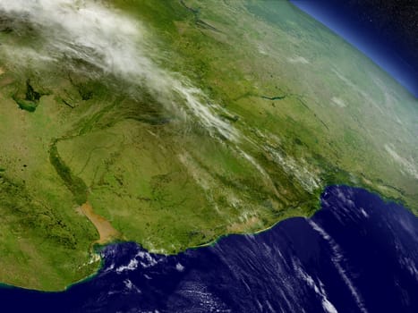 Uruguay with surrounding region as seen from Earth's orbit in space. 3D illustration with highly detailed planet surface and clouds in the atmosphere. Elements of this image furnished by NASA.
