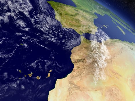 Morocco with surrounding region as seen from Earth's orbit in space. 3D illustration with highly detailed planet surface and clouds in the atmosphere. Elements of this image furnished by NASA.