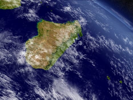 Madagascar with surrounding region as seen from Earth's orbit in space. 3D illustration with highly detailed planet surface and clouds in the atmosphere. Elements of this image furnished by NASA.