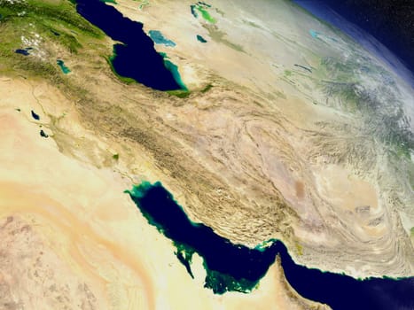 Iran with surrounding region as seen from Earth's orbit in space. 3D illustration with highly detailed realistic planet surface and clouds in the atmosphere. Elements of this image furnished by NASA.