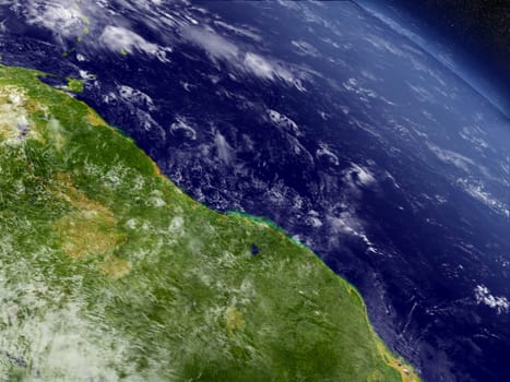 Guynea, Suriname with surrounding region as seen from Earth's orbit in space. 3D illustration with detailed planet surface and clouds in the atmosphere. Elements of this image furnished by NASA.