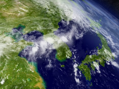 South Korean and North Korea with surrounding region as seen from Earth's orbit in space. 3D illustration with detailed planet surface and clouds. Elements of this image furnished by NASA.