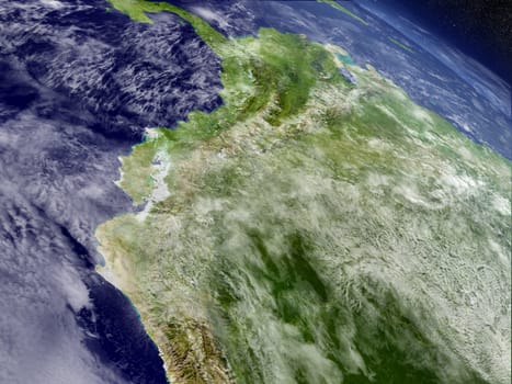 Ecuador with surrounding region as seen from Earth's orbit in space. 3D illustration with highly detailed planet surface and clouds in the atmosphere. Elements of this image furnished by NASA.