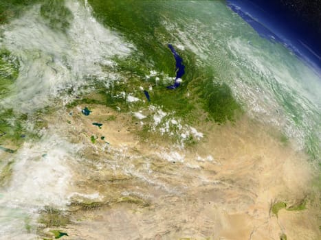Mongolia with surrounding region as seen from Earth's orbit in space. 3D illustration with highly detailed planet surface and clouds in the atmosphere. Elements of this image furnished by NASA.