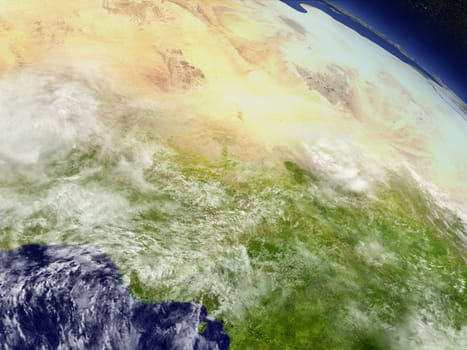 Niger and Nigeria with surrounding region as seen from Earth's orbit in space. 3D illustration with detailed planet surface and clouds in the atmosphere. Elements of this image furnished by NASA.