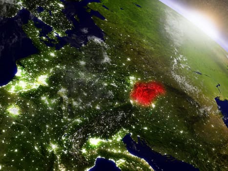 Slovakia highlighted in red as seen from Earth's orbit in space. 3D illustration with highly detailed planet surface. Elements of this image furnished by NASA.