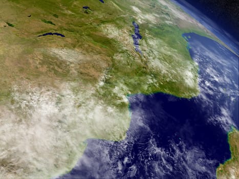 Mozambique and Zimbabwe with surrounding region as seen from Earth's orbit in space. 3D illustration with detailed planet surface and clouds. Elements of this image furnished by NASA.