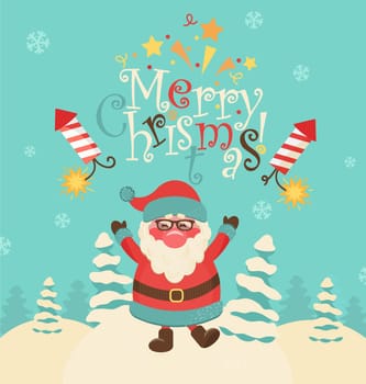 Christmas retro vector illustration.Snow landscape background with christmas trees and santa.