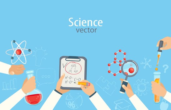 The concept of science and education. Scientists with molecules, formula, bulb, vector illustration.