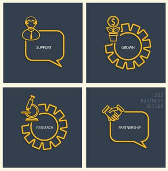 Vector support, business grown, research, partnership in flat style - signs and banner. Yellow stylish linear icons with shadow on dark background, vector.
