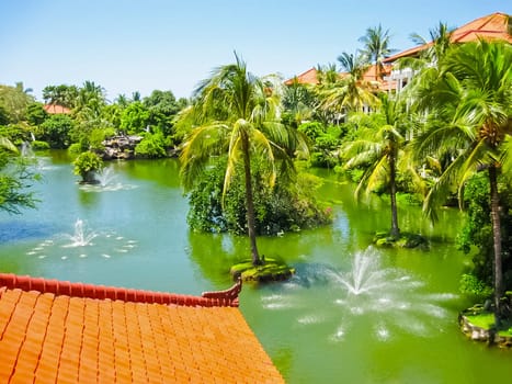 Bali, Indonesia - April 09, 2012: The Lagoon and park in Ayodya Resort Bali at Nusa Dua, Bali, Indonesia