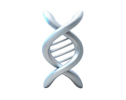 A futuristic, holographic 3D icon of a DNA spiral, featuring smooth, reflective surfaces and a twisting design, isolated on white background. Ideal for biotechnology, genetics, and modern science themes. A visually appealing, abstract concept.