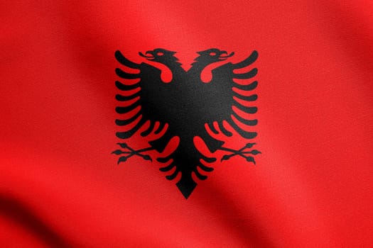 Albanian national official flag. Patriotic symbol, banner, element, background. Accurate dimensions. Correct size, colors. Flag of Albania waving in the wind with detailed fabric texture
