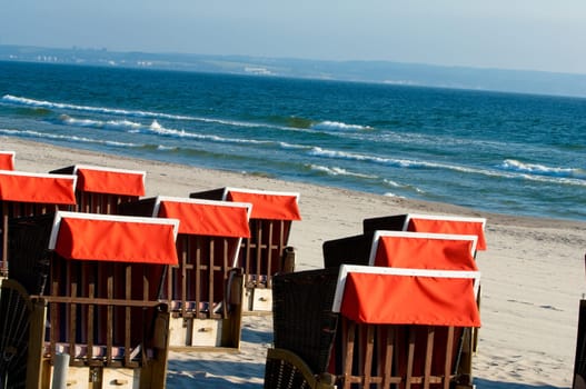 Strandkrbe, Beach chairs on beach at Binz seaside resort on Rugen Island in Germany