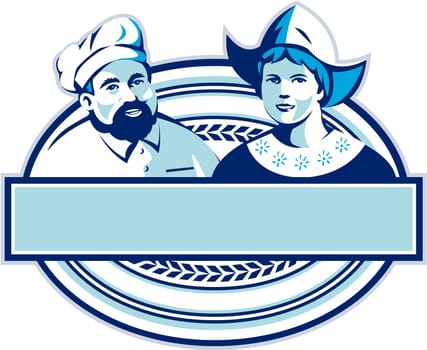 Illustration of a baker and Dutch lady wearing traditional dutch cap or dutch bonnet that resemble a nurse's hat set inside oval shape with banner done in retro style.