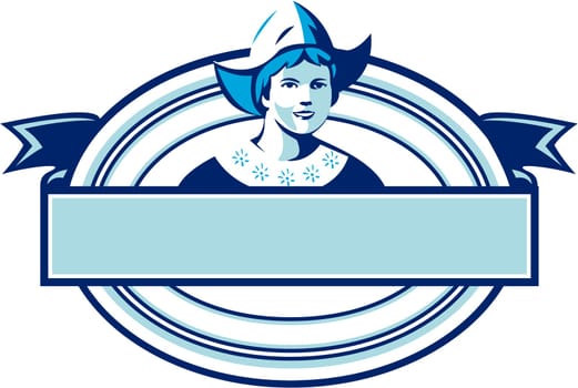 Illustration of a Dutch lady wearing traditional dutch cap or dutch bonnet that resemble a nurse's hat facing front set inside oval shape with ribbon done in retro style.