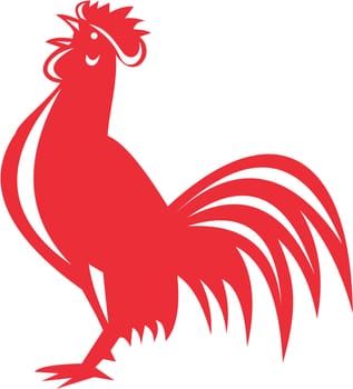 Illustration of a chicken rooster crowing viewed from the side set  on isolated white background done in retro style.