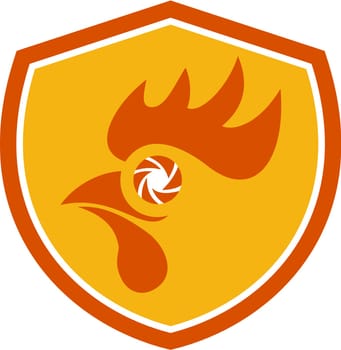 Illustration of a rooster head with camera shutter eye set inside shield crest done in retro style.