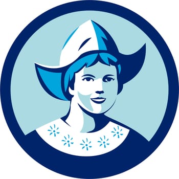 Illustration of a Dutch lady wearing traditional dutch cap or dutch bonnet that resemble a nurse's hat facing front set inside circle done in retro style.