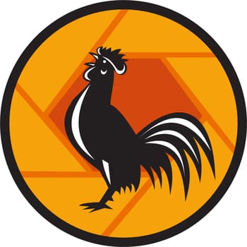Illustration of a rooster crowing viewed from the side set inside camera shutter circle shape done in retro style.