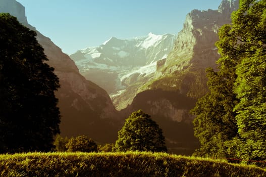 Swiss Alps - snow capped mountains and deep valleys, stunning view, breath-taking panorama