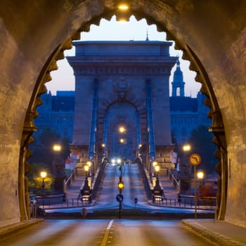 Morning shot of Buda Castle Tunnel and Chain Bridge, Budapest, Hungary